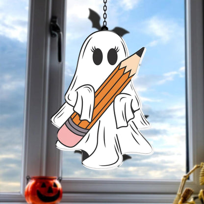 7.87Inch Cute Pencil Ghost Sun Catcher Acrylic Garden Halloween Suncatcher Decor Window Hanging for Wall Home, Garden, Housewarming Women Neighbor Party Decor Gifts
