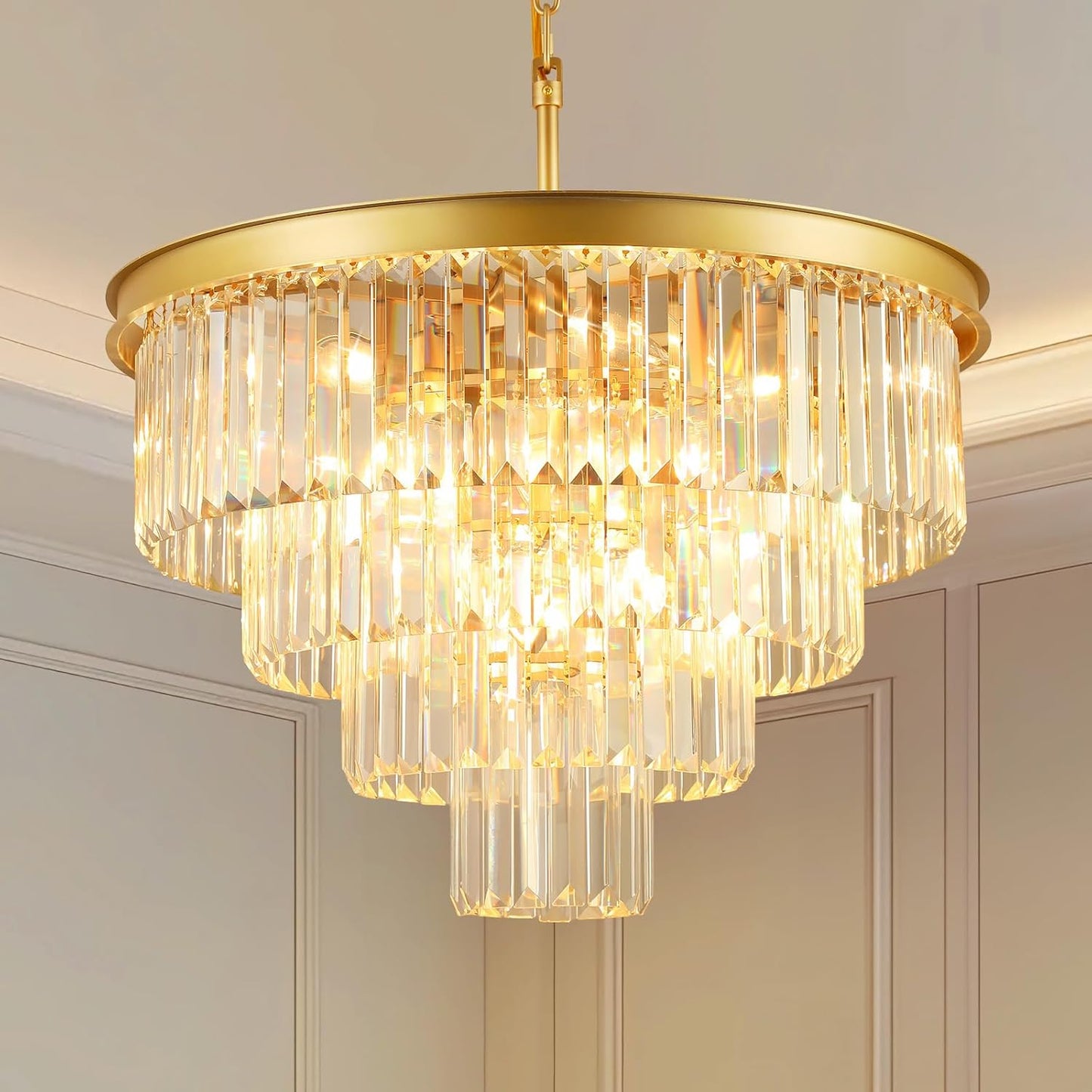 Crystal Chandeliers for Dining Room Lights Fixture Over Table, 15 Lights Gold Modern Chandeliers for Living Room, 4-Tier Round Crystal Lighting Fixtures for Bedroom Entryway Kitchen Island D24 Inch