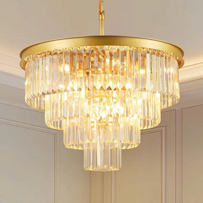 Crystal Chandeliers for Dining Room Lights Fixture Over Table, 15 Lights Gold Modern Chandeliers for Living Room, 4-Tier Round Crystal Lighting Fixtures for Bedroom Entryway Kitchen Island D24 Inch