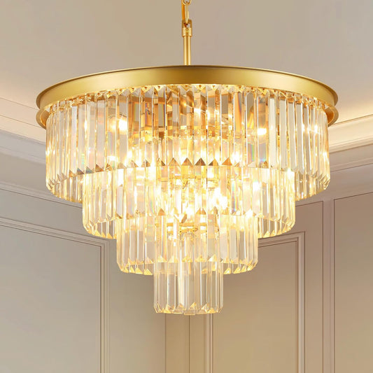 Crystal Chandeliers for Dining Room Lights Fixture Over Table, 15 Lights Gold Modern Chandeliers for Living Room, 4-Tier Round Crystal Lighting Fixtures for Bedroom Entryway Kitchen Island D24 Inch