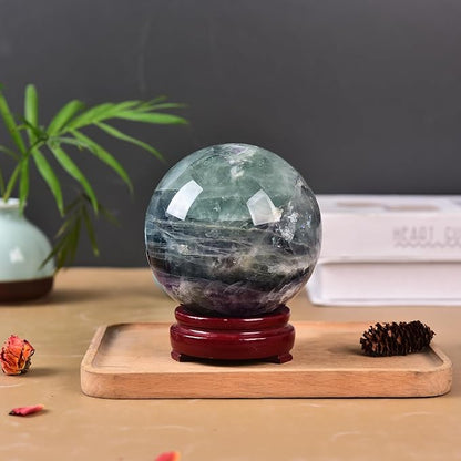 JIC Gem Large Colorful Fluorite Crystal Sphere Ball with Wooden Stand Fluorite Healing Decorative Ball 100-110mm
