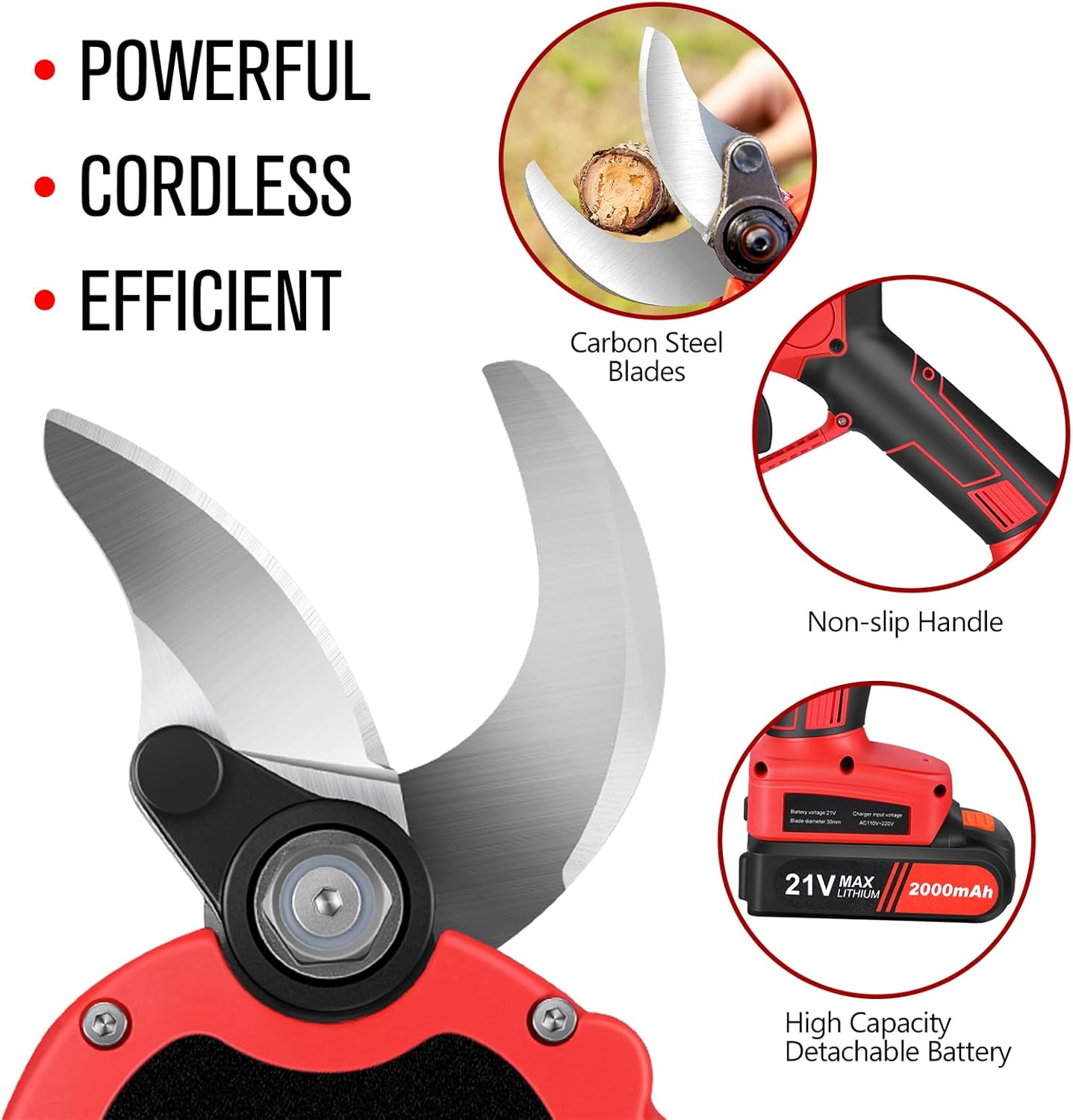 Electric Pruning Shears，Professional Cordless Tree Branch Pruner with 2PCS Lithium Battery and Matching Tools，30mm (1.2″) Cutting Diameter