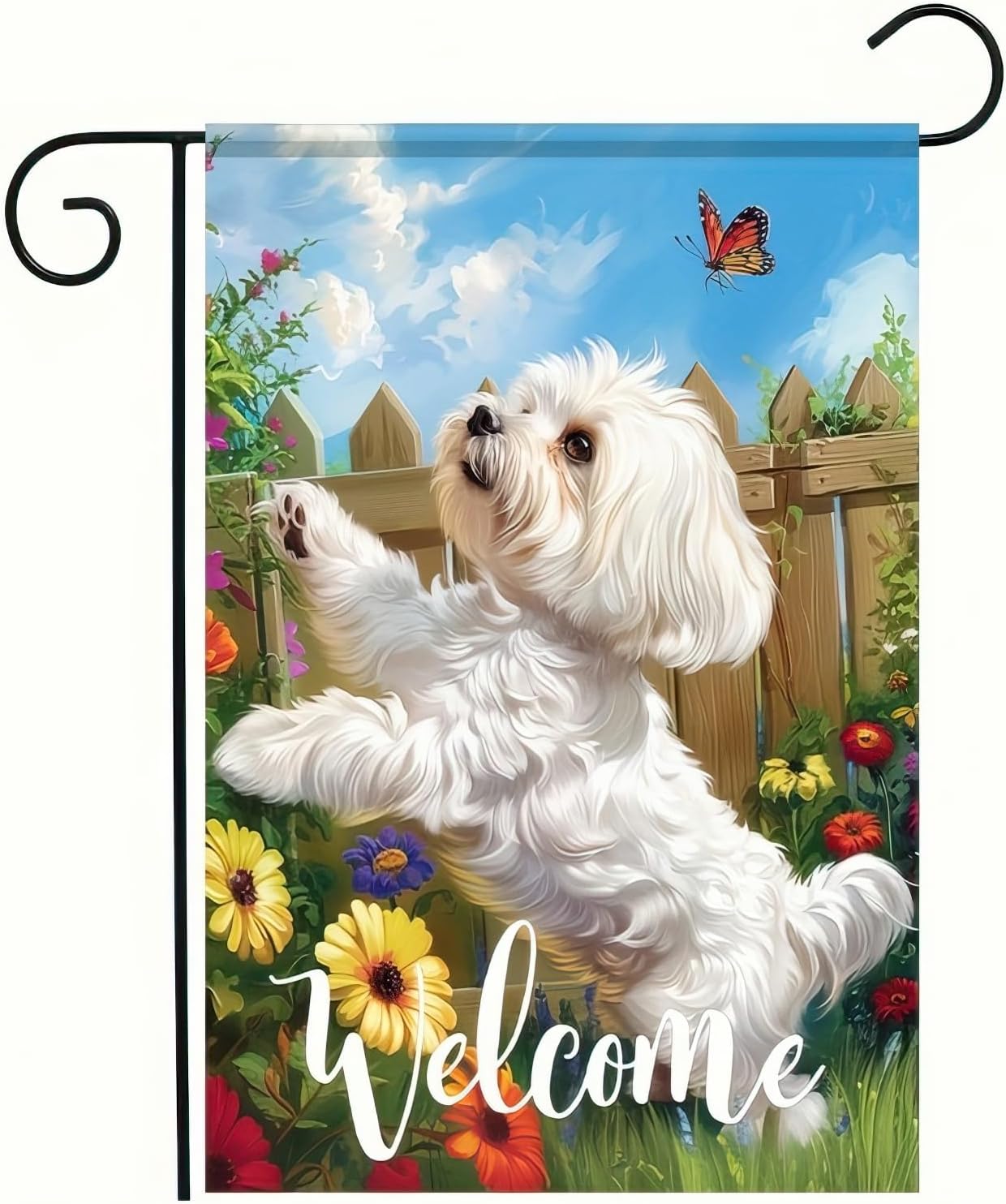 BlissYard Welcome Spring Summer Flowers Maltese Dog Garden Flag Lovely Floral Seasonal Home Decor Banner 12x18 Double Sided Funny Dog Garden Flag Farmhouse Outdoor Yard Decoration Flag