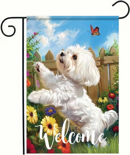 BlissYard Welcome Spring Summer Flowers Maltese Dog Garden Flag Lovely Floral Seasonal Home Decor Banner 12x18 Double Sided Funny Dog Garden Flag Farmhouse Outdoor Yard Decoration Flag