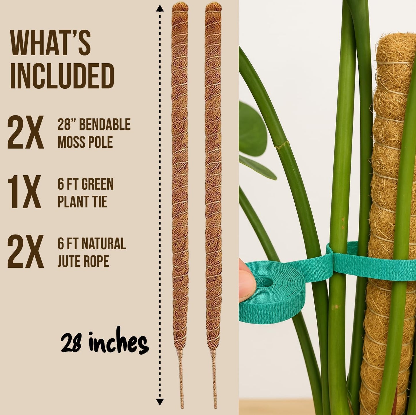 Moss Pole Monstera Plant Support – 2 Pack 28” Bendable Moss Pole Monstera Plant Support, Plant Stakes for Indoor Plants, Tall Plant Sticks Support for Climbing Plants