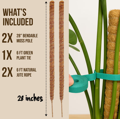 Moss Pole Monstera Plant Support – 2 Pack 28” Bendable Moss Pole Monstera Plant Support, Plant Stakes for Indoor Plants, Tall Plant Sticks Support for Climbing Plants