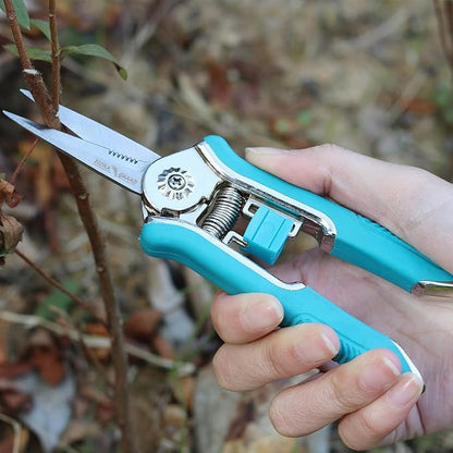 FLORA GUARD 6.5-Inch Floral Scissors, Zinc Alloy with Rubber Handle, Toothed Blade for Quick Cutting, Suitable for Flower Placement, Plant Pruning, Rose or Fruit Picking (Blue)
