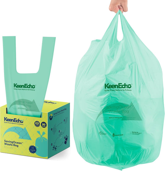 13 Gallon 80 Counts Small Green Trash Bags with Handle, Ocean Fishing Nets Upcycling, Sage & Sea Salt Scented, Plastic Garbage Bags, Waste Bag for Kitchen, Bathroom, Office and Pets