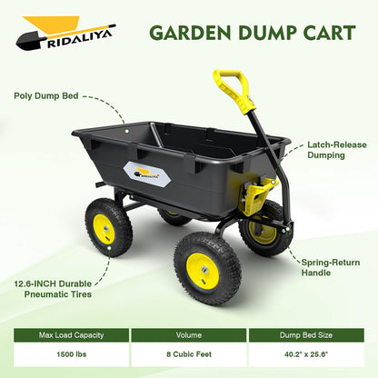 Garden Dump Cart, Heavy-Duty Utility Wagon with 1200 lbs Capacity, 6 Cu Ft Bed, 12.6" Pneumatic Tires, 180° Pivot Steering for Yard, Lawn, and Beach Use