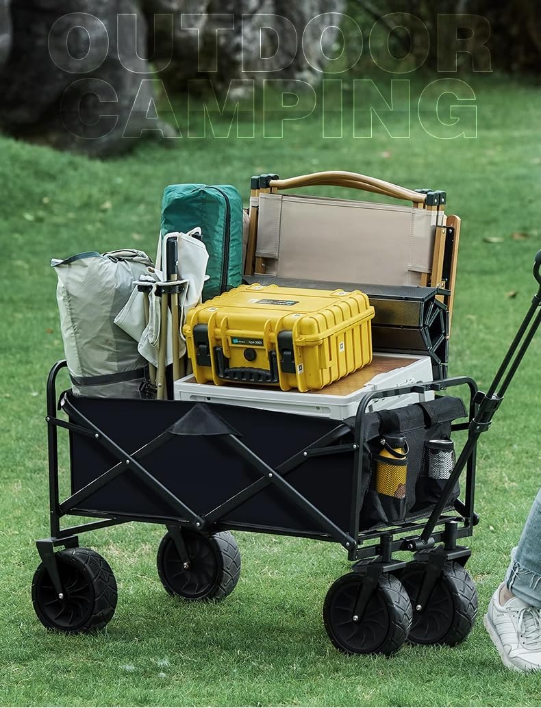 Nice C Heavy Duty Wagon, Collapsible Wagon with Canopy, Black, Steel, 4 Wheels, 33 x 22.4 x 7.6 inches