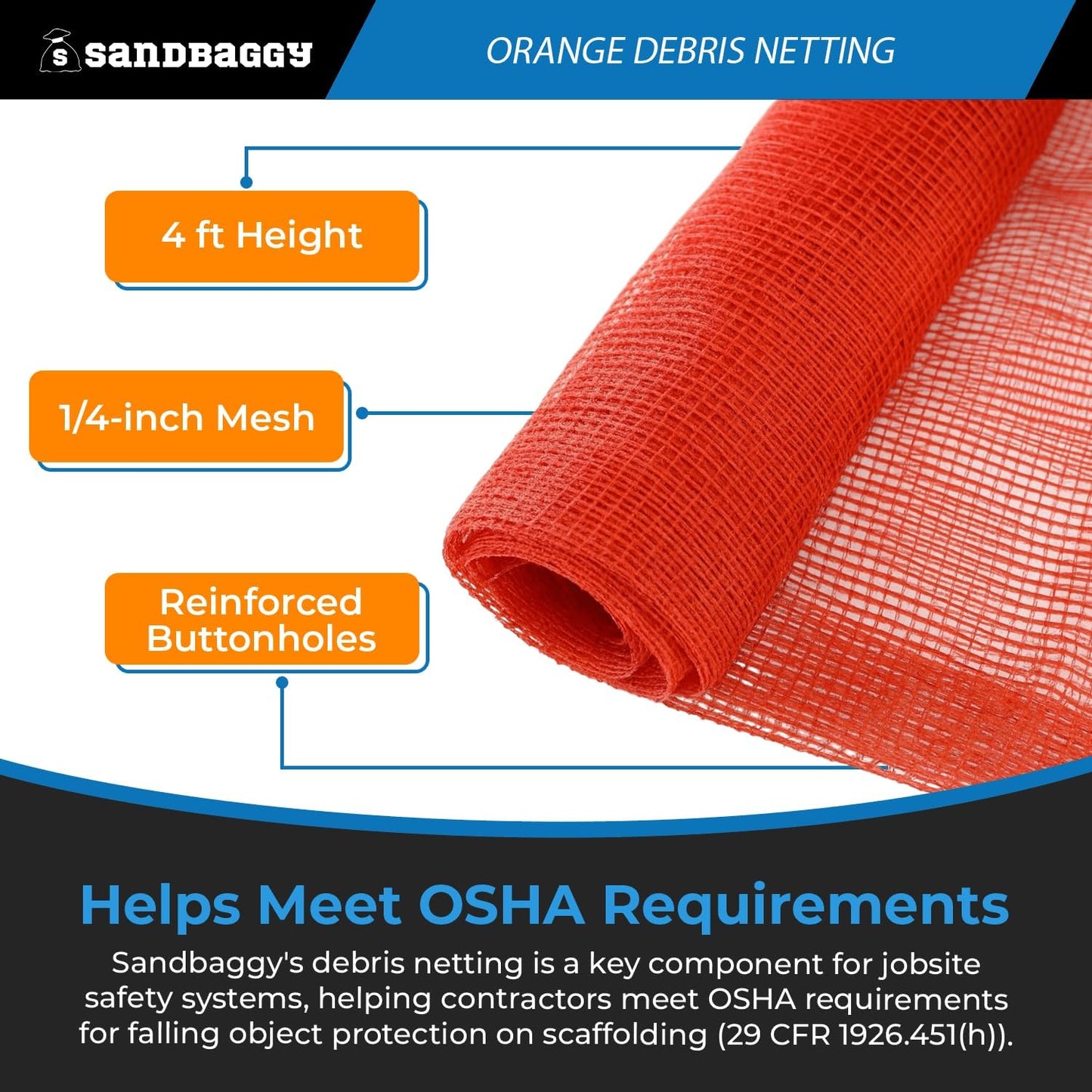 Sandbaggy Fire Resistant Debris & Safety Netting | Orange Construction HDPE Mesh (2, 4 ft x 150 ft)