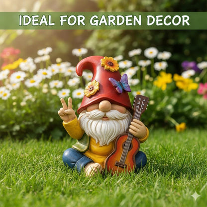 Peace Sign Garden Gnome Figurine Outdoor Statue, Funny Guitar Playing Dwarf Rock Music Decor - 6‘’ Resin Lawn Ornament, Unique Housewarming Gift for Music Lovers & Gardeners (Red)