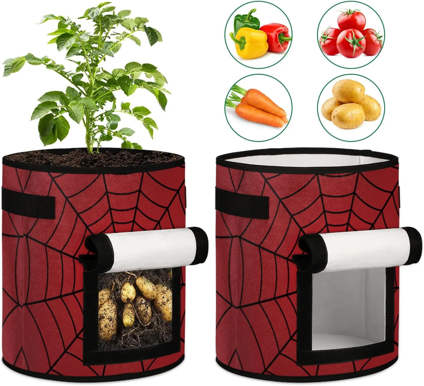 Vegetable Grow Bags Red Spiders Web 7 Gallon Thickened Nonwoven Plant Pot Flowers Potato Fruit Plant Grow Bag with Handle Garden Plant Bag Outdoor 2 Pack
