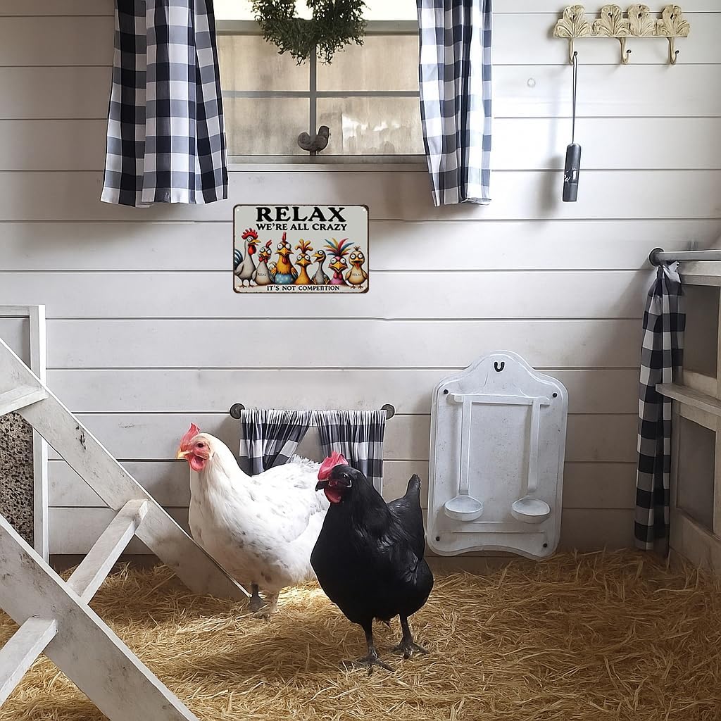 Funny Chicken Gifts Relax We‘re All Crazy It's Not Competition Tin Sign for Home Farm Chicken Coop Farmhouse Kicthen Garden Decor 8 X 12 Inch (3621)