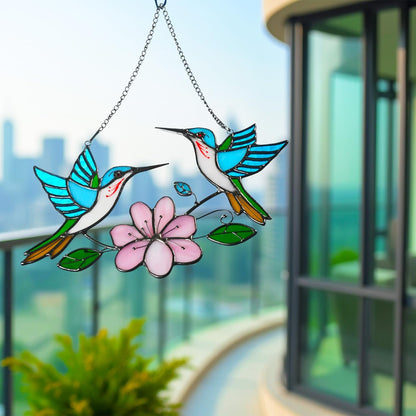 Stained Glass Window Hanging, Duo-Humming Bird Style, Colorful Sun Catcher Panel for Indoor/Outdoor Décor, Garden & Coastal Ornament, Handmade Glass Wall Art Gift for Women and Mom & Bird Lovers