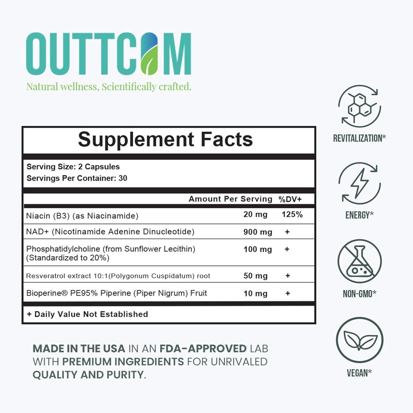 NAD+ Supplement w/ Resveratrol, B12, Phosphatidylcholine & Bioperine – 900mg NAD+ Capsule, 60 Vegan, Non-GMO, Gluten-Free Capsules – Cellular Energy, Bioavailability, Liposomal NAD+ & NMN Alternative