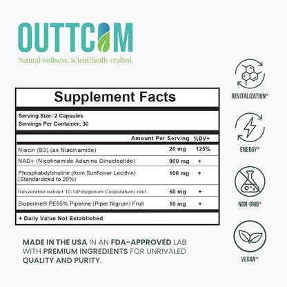 NAD+ Supplement w/ Resveratrol, B12, Phosphatidylcholine & Bioperine – 900mg NAD+ Capsule, 60 Vegan, Non-GMO, Gluten-Free Capsules – Cellular Energy, Bioavailability, Liposomal NAD+ & NMN Alternative
