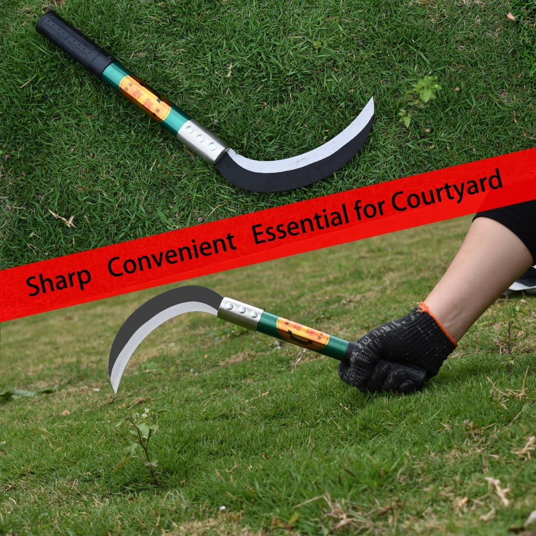KEYI Weeding Sickle,Steel Grass Sickle,Manganese Steel Blade/Hardwood Handle Hand held Serrated Grass Hook Cutter - Great for Removing Unwanted Vines and Weeds. (13.8 in*6.3 in)