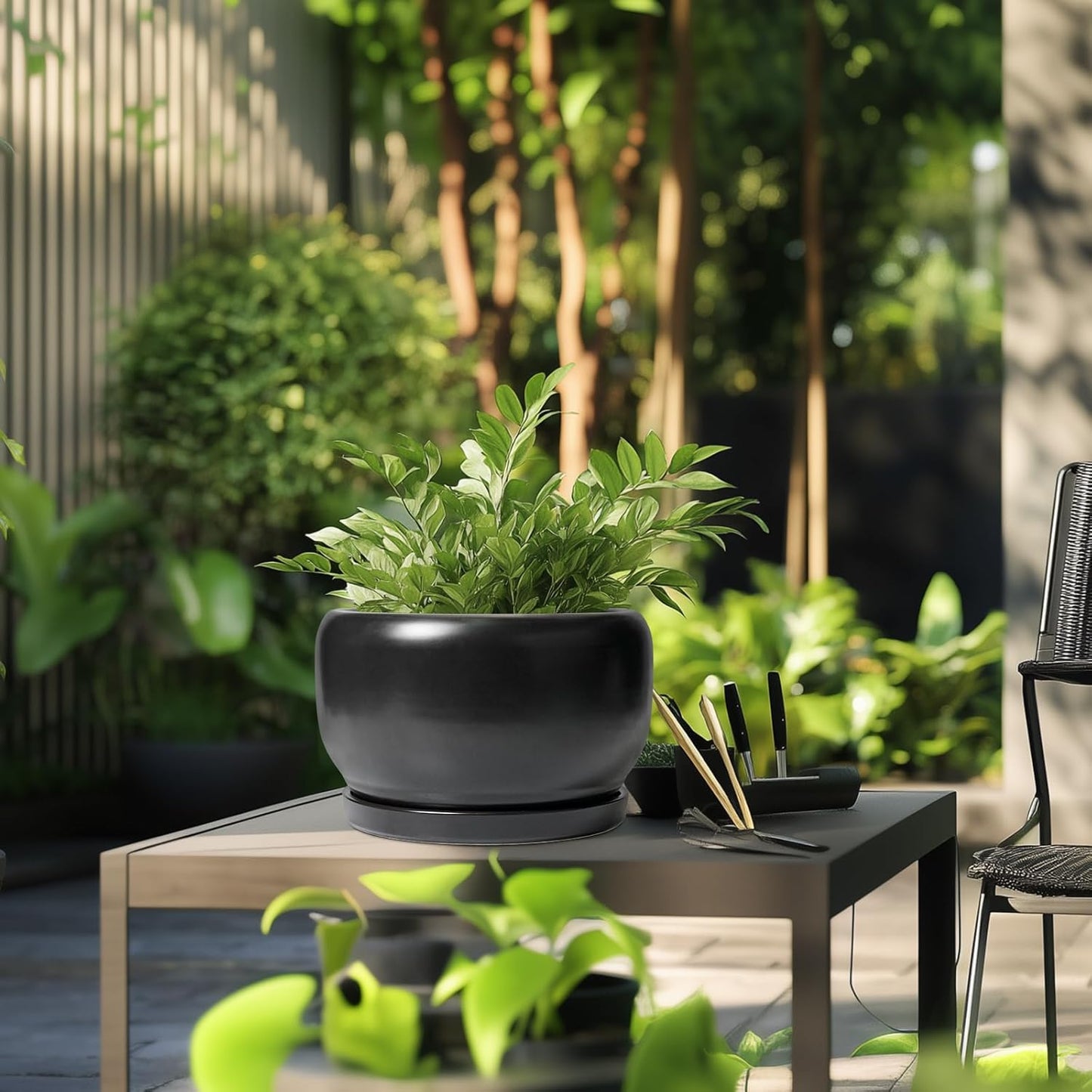 SQOWL Ceramic Flower Pot - 10 Inch Planter with Drainage Hole and Saucer, Modern Large Plant Pot Indoor Outdoor, Decorative Round Planter, Bedroom Decor, Gifts for Plant Lovers, Black