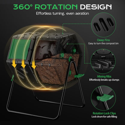 Compost Tumbler 45 Gallon/170L, Easy-Assemble Dual Chamber Compost Bin Outdoor, 360°Rotating Large Composter for Outside, Backyard, Garden, Gifts for Seasoned Gardeners & Beginners-Green