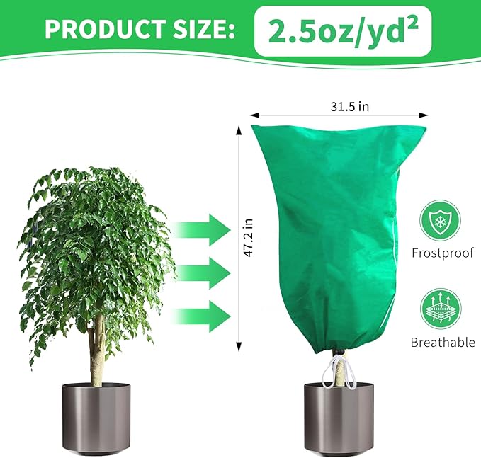 4 Pack Plant Covers Freeze Protection, 32''W x 48''H 2.5oz/yd² Winter Tree Frost Blankets Frost Cloths Protectors Bag Cover with Zipper Drawstring for Outdoor Plants Shrub Fruit Trees Potted
