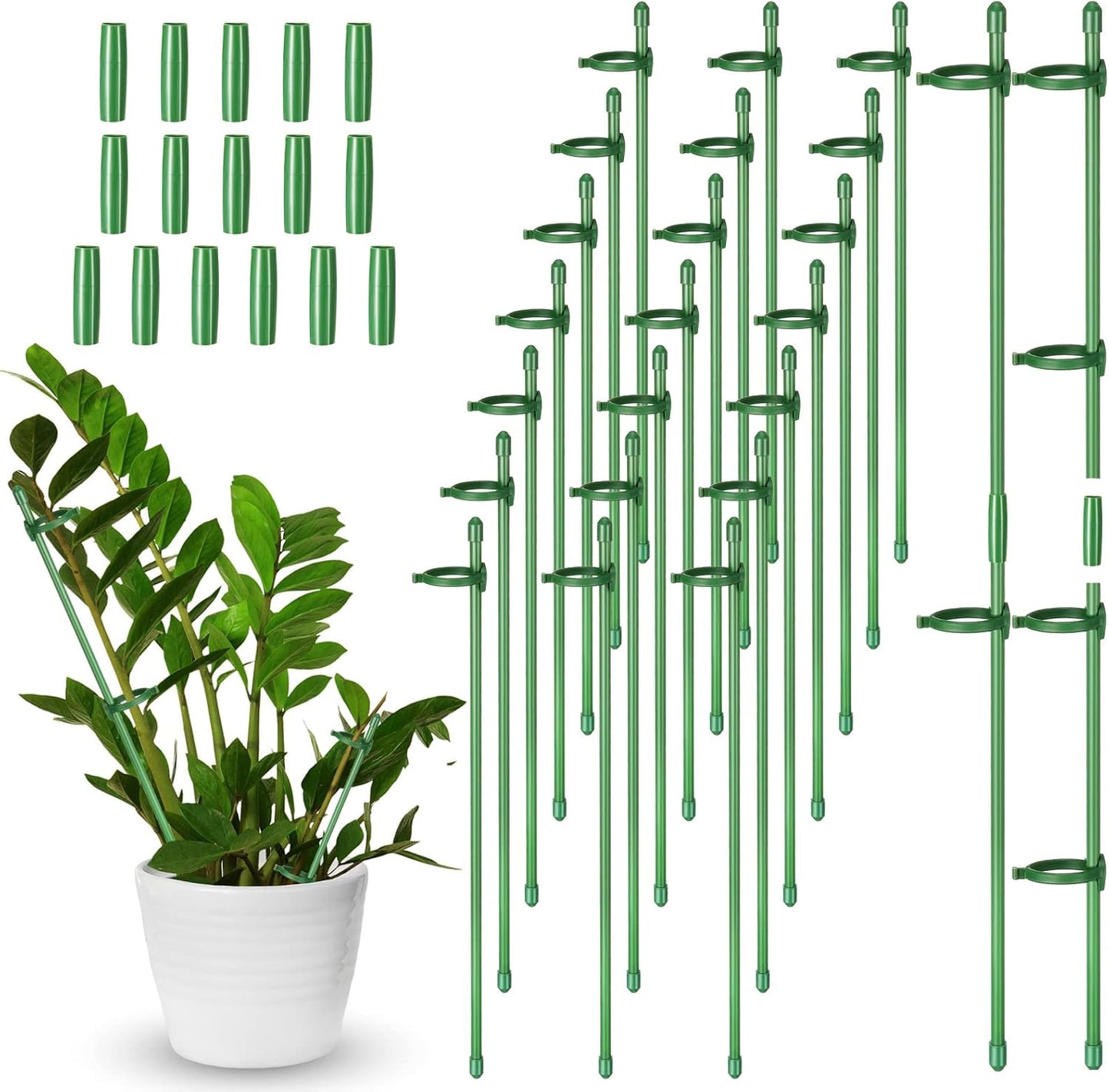 meekoo 30 Pcs Adjustable Garden Plant Support Stakes Single Stem Plant Cage Support Rings with Clips and Connect Pipe for Orchid Rose Tomato, 12 Inch (Green)