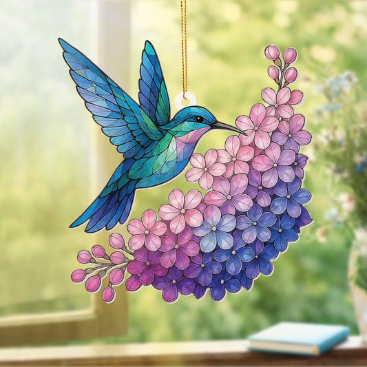 Hummingbird Stained Glass Ornament, Acrylic Window Hanging Suncatcher Decor, Bird Ornament for Car Rearview Mirror, Christmas Tree Decoration, Bookish Gifts for Bird Lovers, Home&Garden Decor(Sun-12)