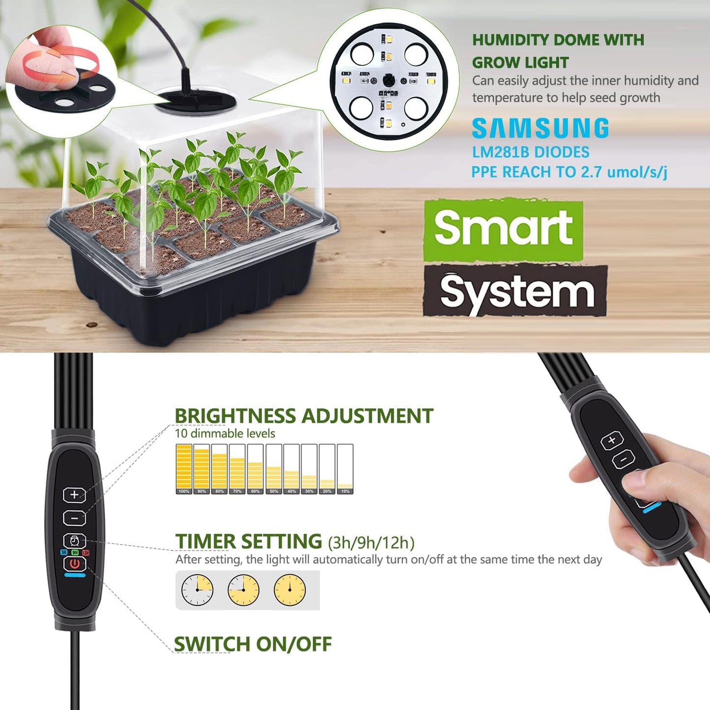 Seedling Starter Trays 5 Packs Seed Starter Tray with Grow Light, Smart Controller Seed Starting Trays Kit with Humidity Dome (60 Cells) Indoor Gardening Plant Germination Trays Black