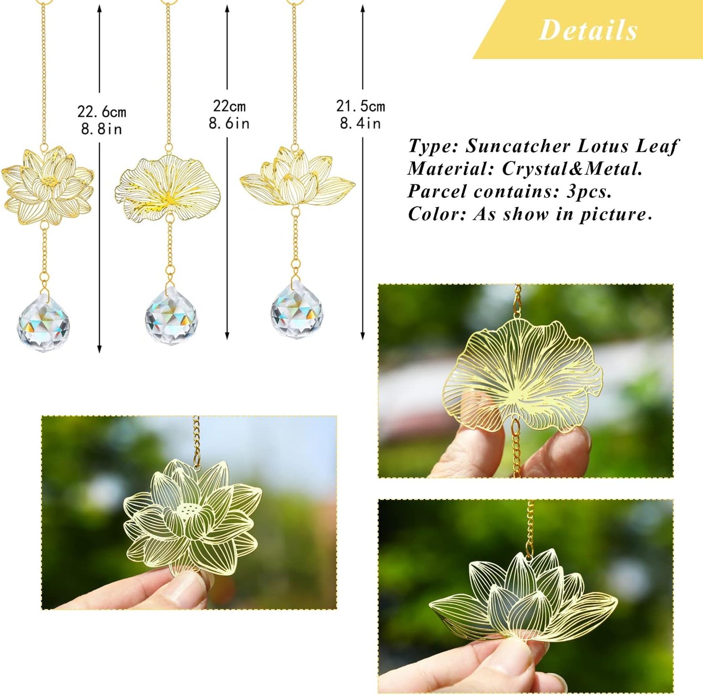 H&D HYALINE & DORA Suncatchers Lotus Leaf Pendant with Crystal Prisms Window Hang Sun Catcher Ornament Rainbow Maker for Home Garden Rearview Mirror Charms, Pack of 3