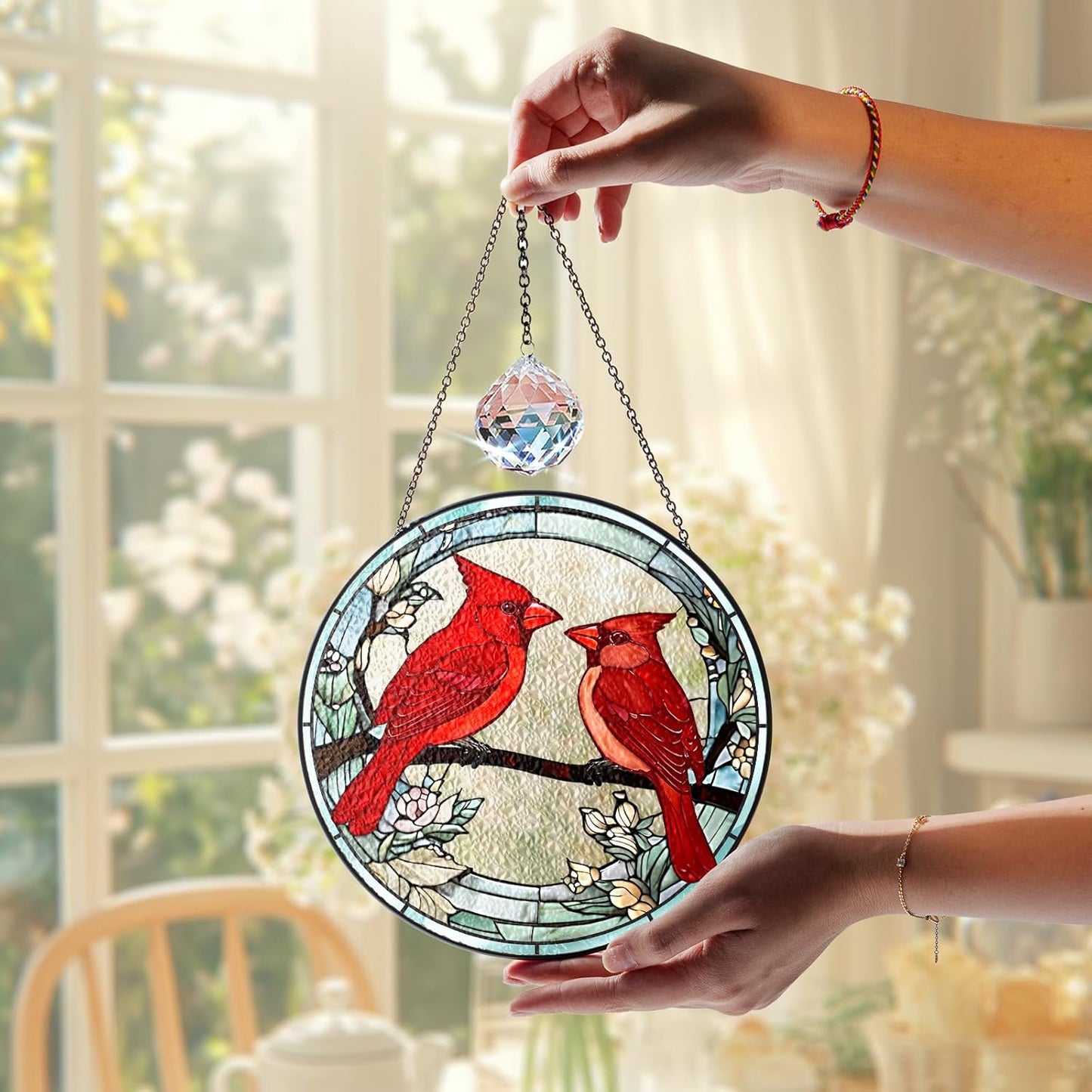 7.8" Cardinal Stained Glass Suncatchers, Red Birds and Flower Art Glass Sun Catcher for Window Hanging, Gifts for Bird Lovers Women Grandma Mom, Memorial Keepsake Painted Panel Décor BIRD-02B-SG8