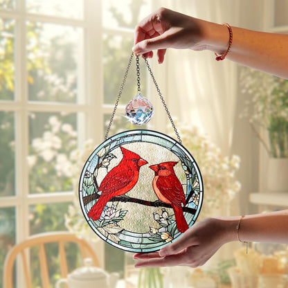 7.8" Cardinal Stained Glass Suncatchers, Red Birds and Flower Art Glass Sun Catcher for Window Hanging, Gifts for Bird Lovers Women Grandma Mom, Memorial Keepsake Painted Panel Décor BIRD-02B-SG8