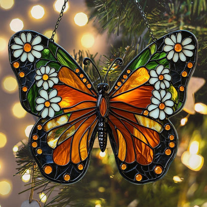 Floral Monarch Acrylic Suncatcher Stained Glass Effect Window Car Hanging Christmas Ornament Indoor Outdoor Decor Garden Sun Catcher Panel for Butterfly Lover for Women Mom Grandma