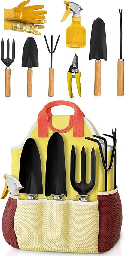 Compact Gardening Tool Set of 9 - Mini Garden Kit for Women with Multiple Pockets, Rust-Proof Steel Planting Tools for Gardeners - Portable Garden Tool Bag, Outdoor and Indoor Gardening Kit for Women