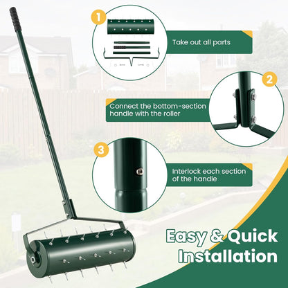 Goplus Rolling Lawn Aerator, 21-Inch Garden Yard Rotary Push Tine Filled Sand Stone, Heavy Duty Spike Soil Aeration w/Metal Handle, Fillable Drum 51" Manual Lawn Aeration Tool Garden Grass Patio Yard