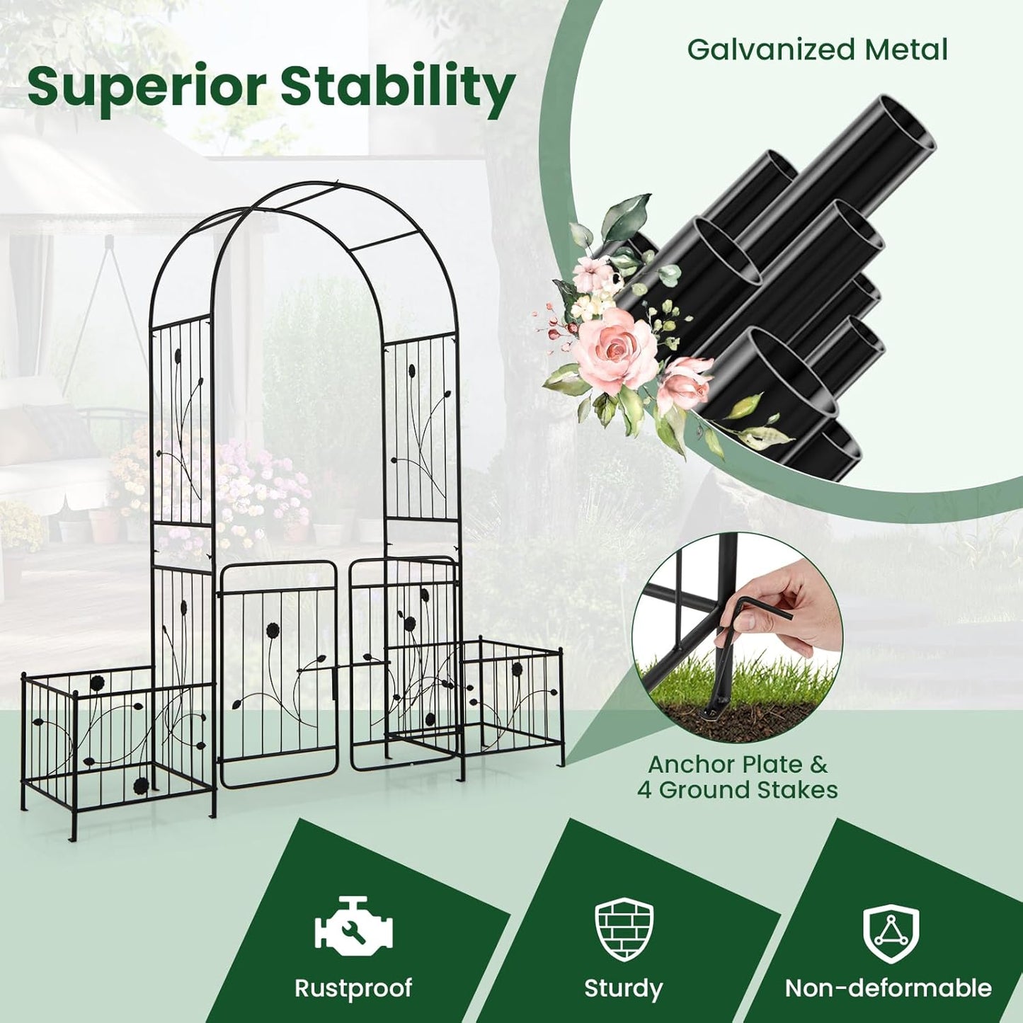 Happygrill Garden Arbor, 87" Metal Archway Pergola with Lockable Gate & 2 Side Planters for Climbing Plants, Roses, Vines, Heavy-Duty Outdoor Garden Arch Trellis for Wedding Party Ceremony Decoration