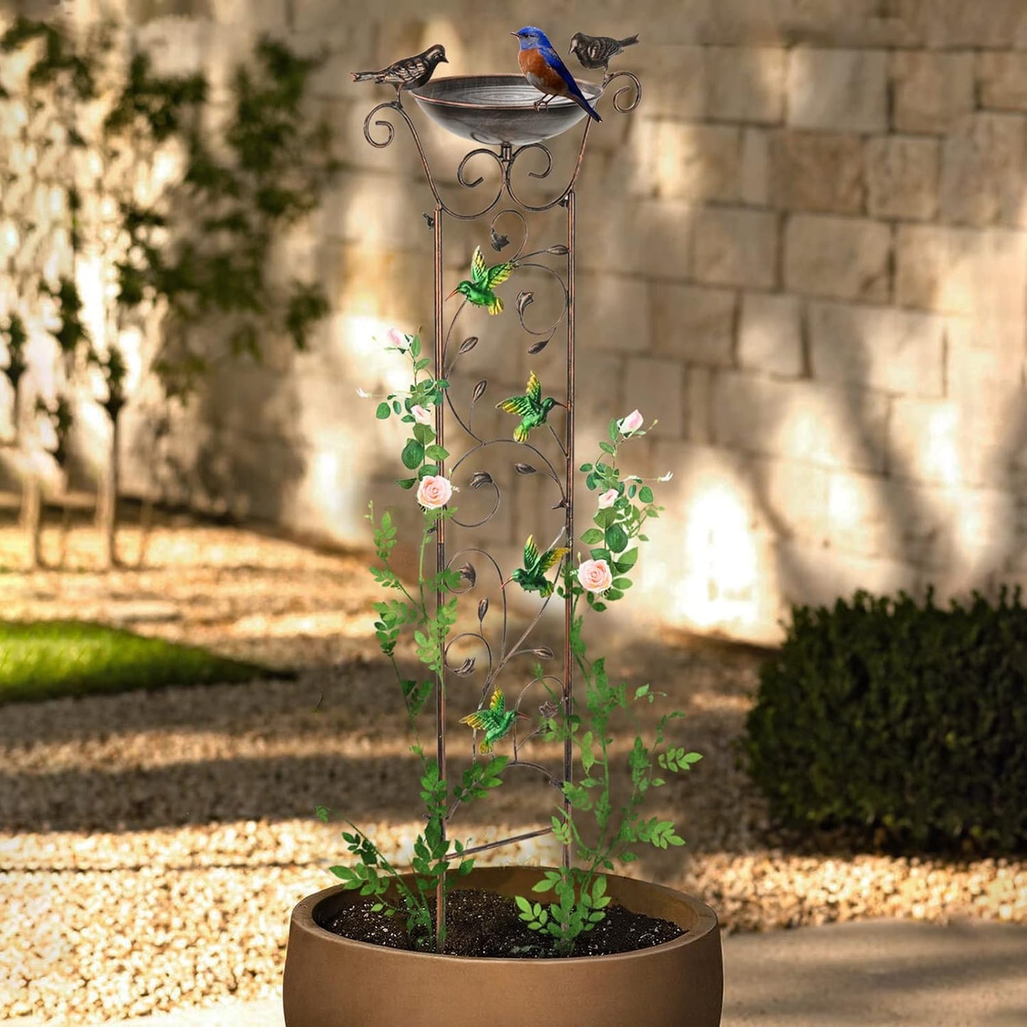 SUNNYPARK Antique Garden Iron Trellis with Decorative Hummingbirds Detachable Bird Bath Bowl Metal Potted Plant Support for Climbing Flowers