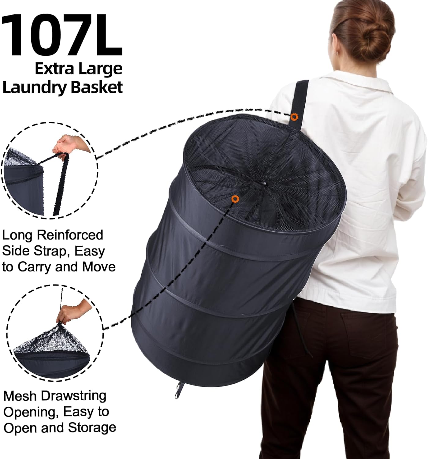 BATTOO Collapsible Laundry Baskets- Foldable Hamper for Laundry Extra Large Pop Up Laundry Hamper 107L with Long Straps Drawstring Clothes Hamper for Bathroom, Campout, Dorm or Travel Navy