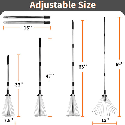 Garden Rake for Leaves – Heavy Duty Metal Leaf Rake for Lawns with Adjustable Handle (33"-69") & Expandable Head (8"-15") – Durable for Lawn, Shrub, Garden Beds – Essential Gardening Tools