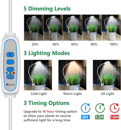 Plant Light Clip on 2 Pack, 6000K White Full Spectrum Plant Lights for Indoor Growing, Halo Grow Lamp with 360° Gooseneck, 6/12/16H Timer, 3 Light Modes, 5 Level Dimmable