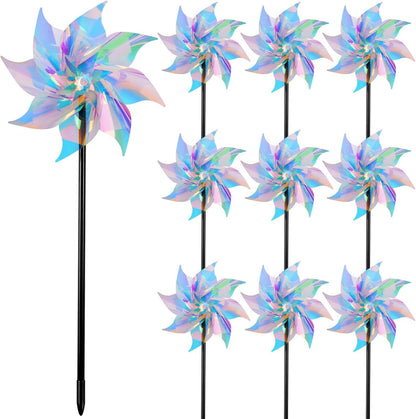 Hausse 10 Pack Reflective Pinwheels Wind Spinner, Extra Sparkly Pinwheel with Stakes, Bird Repellent Blinder Devices Deterrent to Scare Birds Away from Yard Patio Farm Garden, Transparent Rainbow