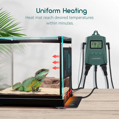 Luxbird Reptile Heating Pad 8x12 Inch with Dual Output Reptile Thermostat LB-2SC Combo Set Under Tank Terrarium Heating Mat for Turtles, Lizards, Frogs, and Other Reptiles