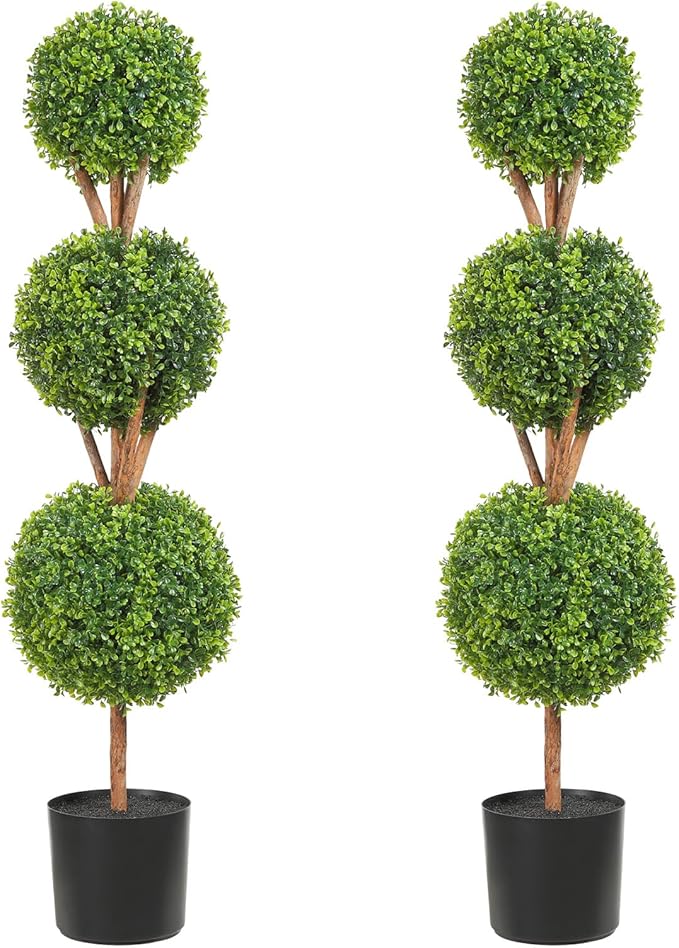 VEVOR Artificial Boxwood Topiary Tree, 48 inch Tall (2 Pieces), Triple Ball-Shaped Faux Topiary Tree, Green Faux Plant with Replaceable Leaves & Pot for Decorative Indoor/Outdoor/Home/Office