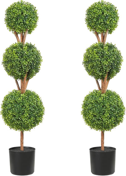 VEVOR Artificial Boxwood Topiary Tree, 48 inch Tall (2 Pieces), Triple Ball-Shaped Faux Topiary Tree, Green Faux Plant with Replaceable Leaves & Pot for Decorative Indoor/Outdoor/Home/Office