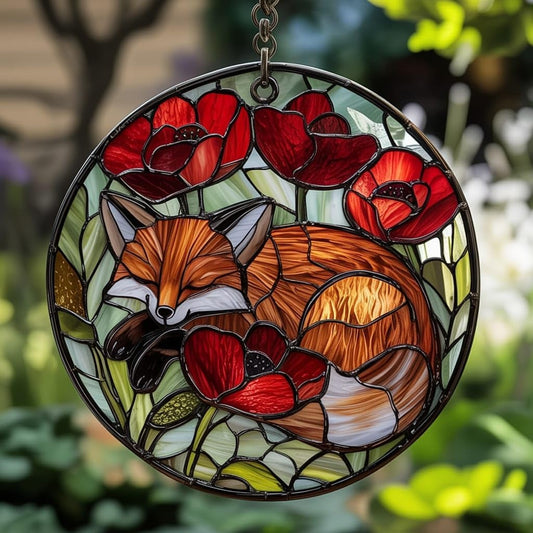 Fox Poppies Flower Acrylic Suncatcher Stained Glass Effect Window Car Hanging Christmas Ornament
