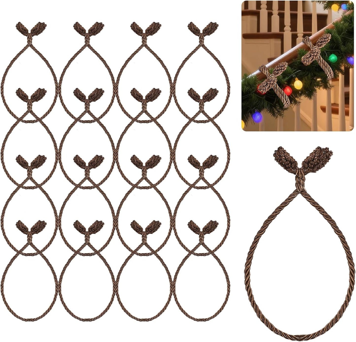 Christmas Garland Ties, 16Pcs 20in Garland Twist Ties for Banister, Reusable and Flexible Decorative Twist Tie for Home Decorations and Holiday Craft Gift Wrapping - Brown