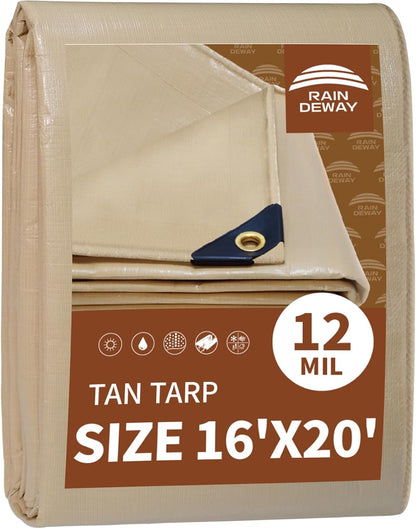 RAINDEWAY 16x20 Feet Heavy Duty Tarp,12 Mil Tan Waterproof Poly Tarp Cover,UV Resistant,Weatherproof,Durable,Multipurpose Tarps with Grommets and Reinforced Edges