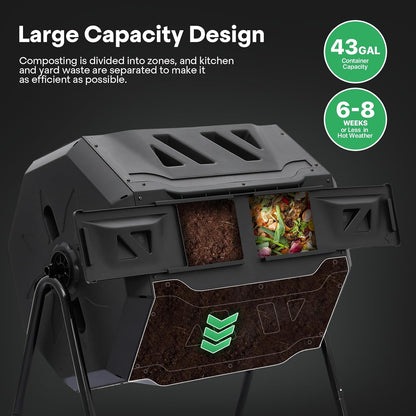 Athena Collection Compost Tumbler, 43 Gallons Dual Composter Chamber Outdoor, Easy Turn & Fast Rotating Compost Bins with 2 Sliding Doors, Easy Assembly, for Garden, Yard and Outdoor Use