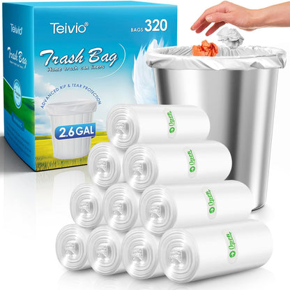 Teivio 2.6 Gallon 320 Counts Strong Trash Bags Garbage Bags, Bathroom Trash Can Bin Liners, Small Plastic Bags for Home Office Kitchen Kitchen (Clear)