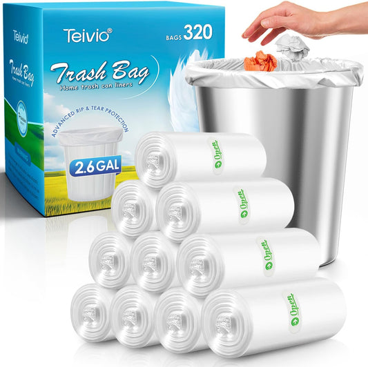 Teivio 2.6 Gallon 320 Counts Strong Trash Bags Garbage Bags, Bathroom Trash Can Bin Liners, Small Plastic Bags for Home Office Kitchen Kitchen (Clear)
