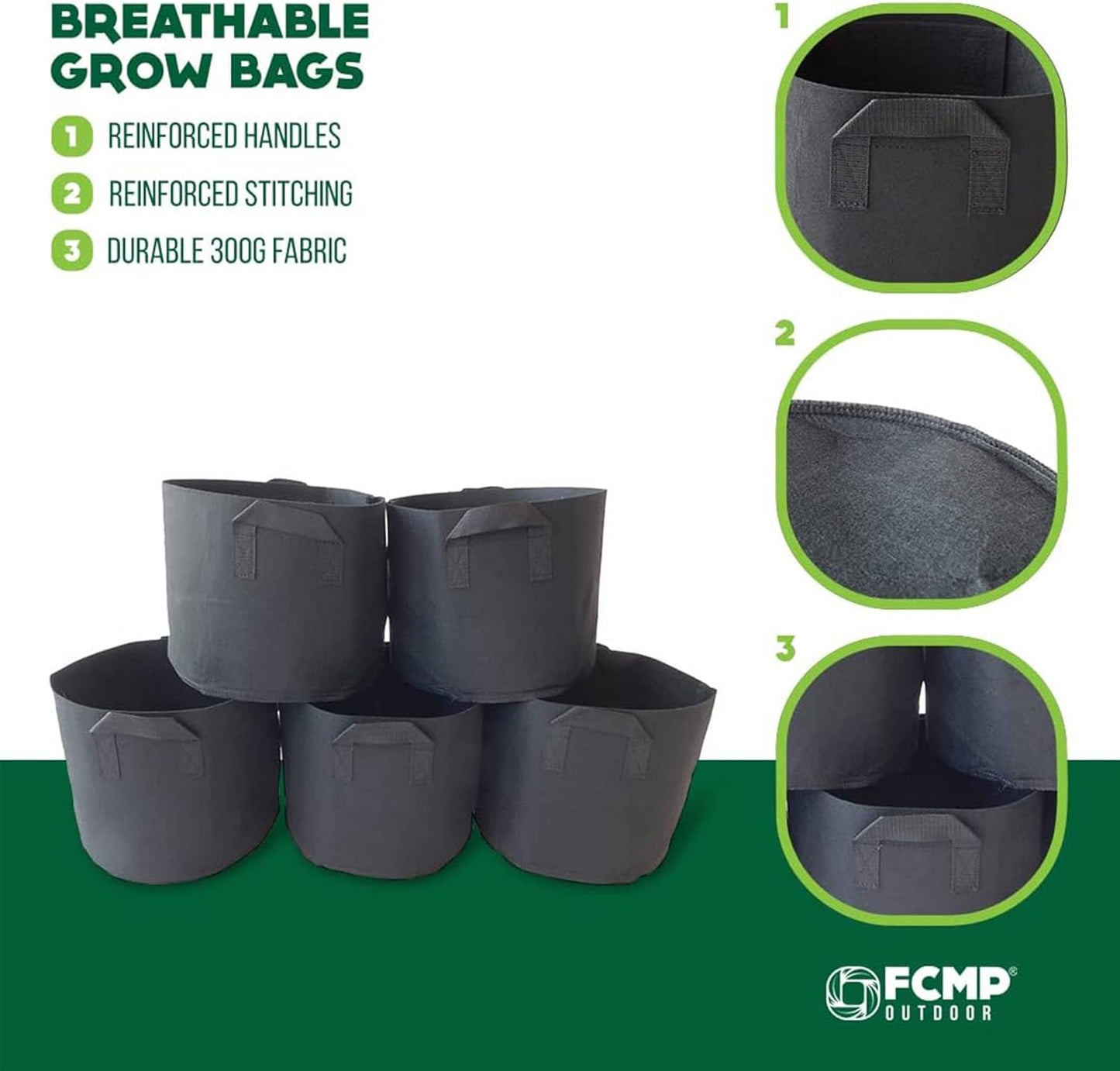 FCMP Outdoor 20-Gallon Modern Lightweight Non-Woven Insulating Fabric Breathable Grow Bags for Indoor or Outdoor Gardening, Black (5 Pack)